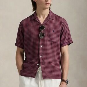 Vtg Polo Ralph Lauren Caldwell Camp Collar Short Sleeve 100% Cotton Check Red XL